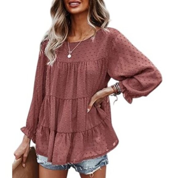 Pretty Garden Women's Swiss Dot Chiffon Ruffled-Sleeve Casual Blouse Pink Medium - Picture 3 of 12